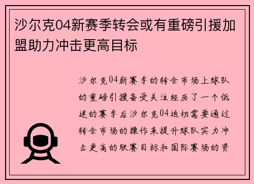 沙尔克04新赛季转会或有重磅引援加盟助力冲击更高目标