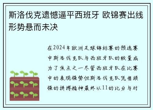 斯洛伐克遗憾逼平西班牙 欧锦赛出线形势悬而未决